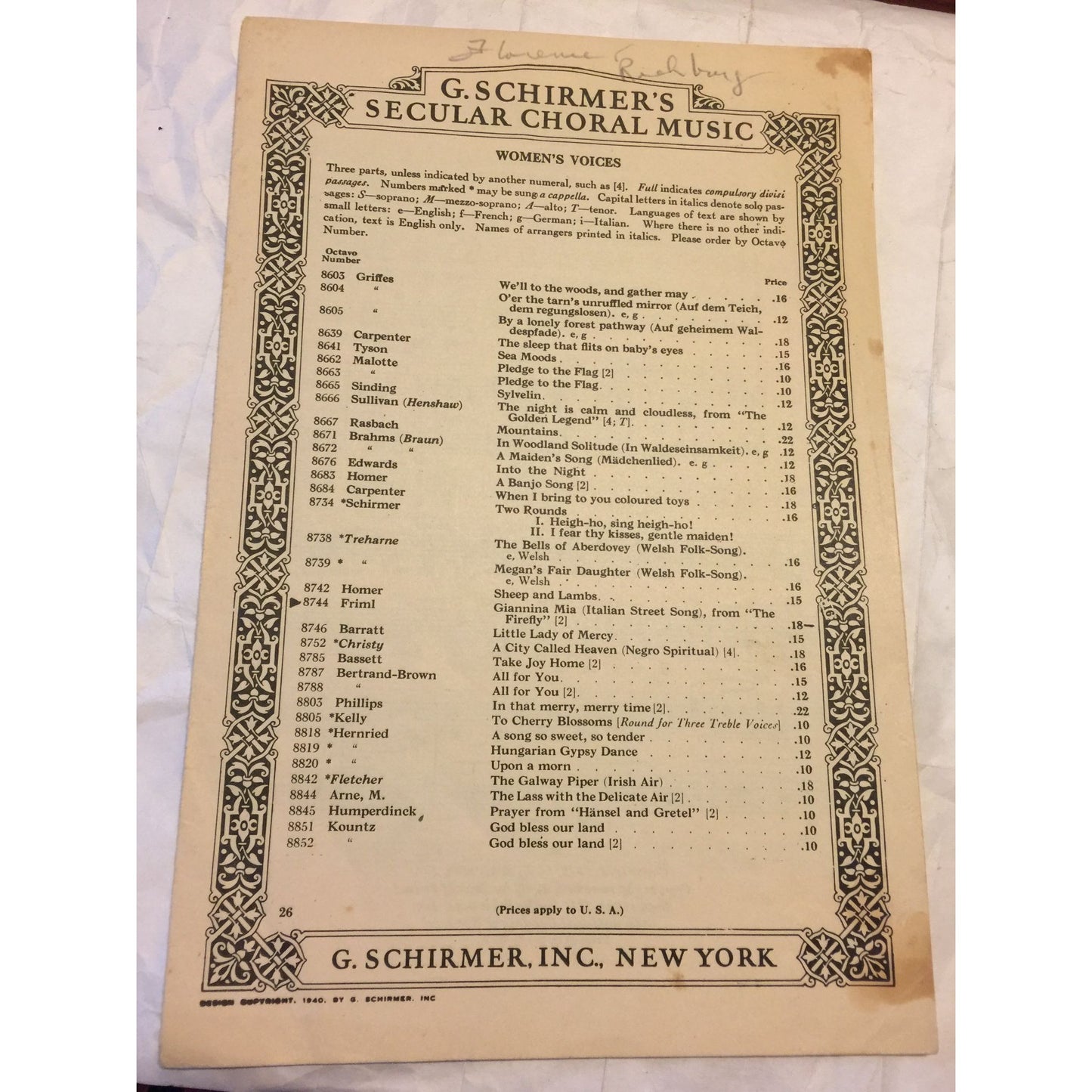 G. Schirmer's Secular Choral Music Vintage Sheet Music