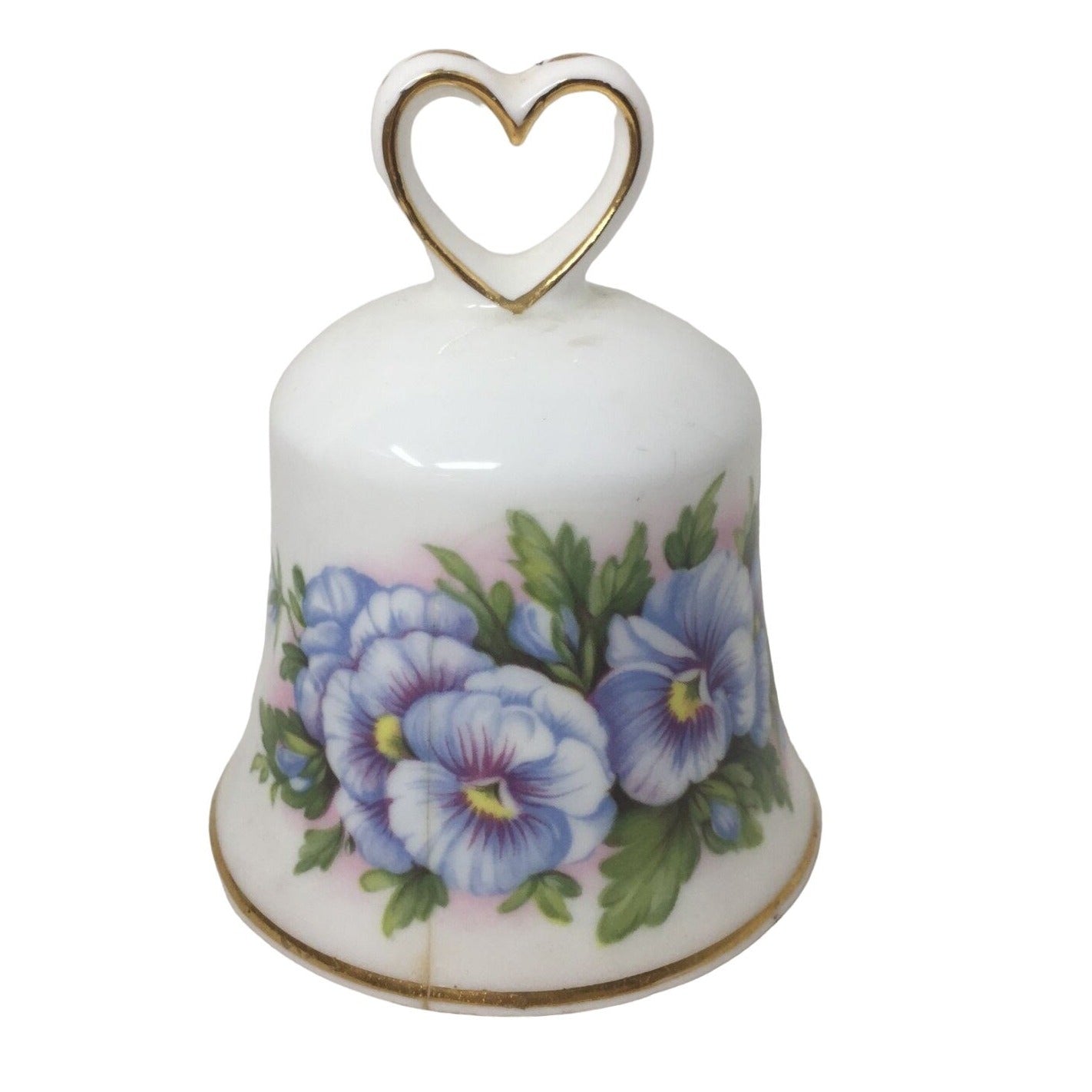 Vintage White and Gold Rimmed, Heart Handled Bell with Purple/ blue Flowers Printed Around it