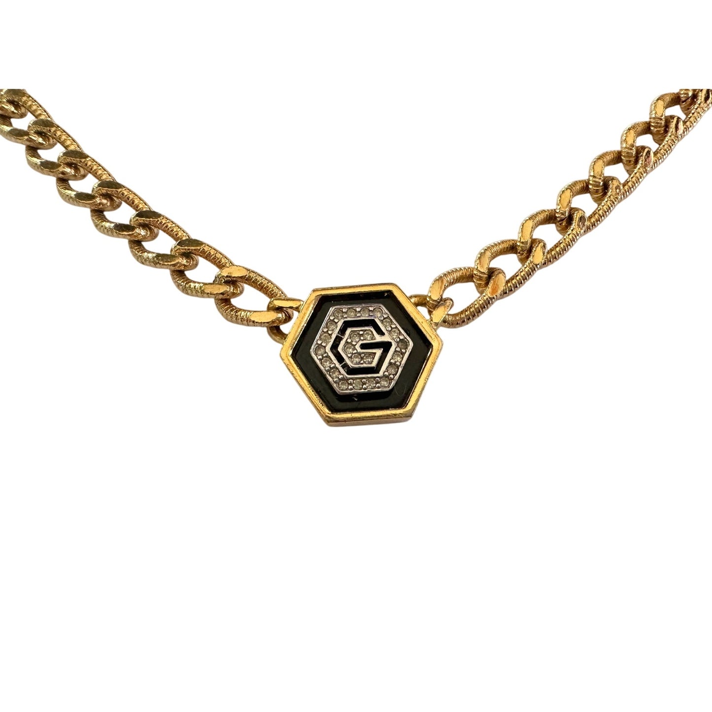 Givenchy Necklace with "G" in Hexagonal Pendant of Black Enamel and Rhinestones