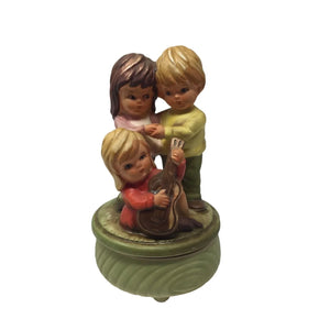 Sankyo Japan Hand Painted Porcelain Music Box 3 Kids With A Guitar