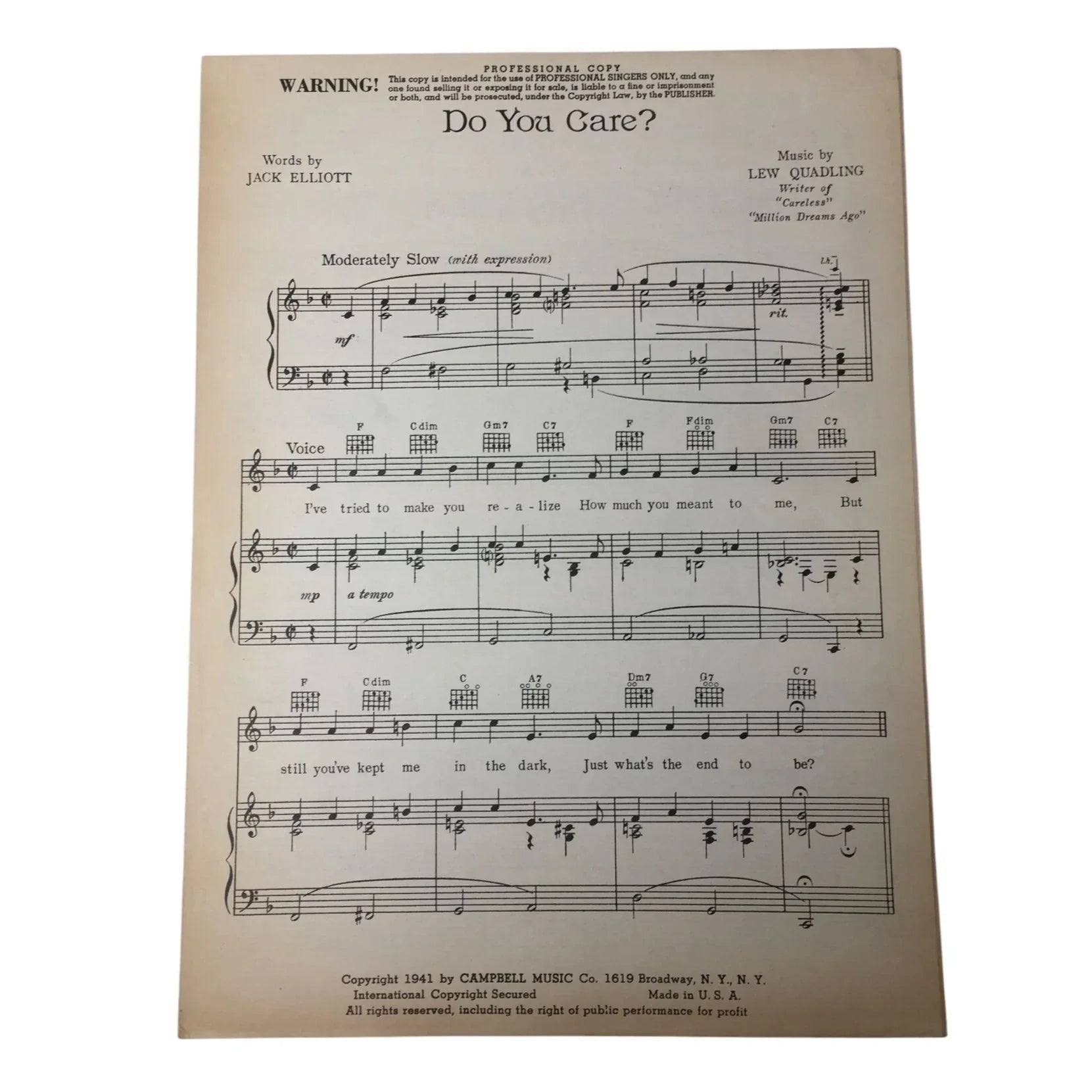 Do You Care? Words by Jack Elliott & Music by Lew Quadling - Campbell music co - sheet music - A+ Stuff