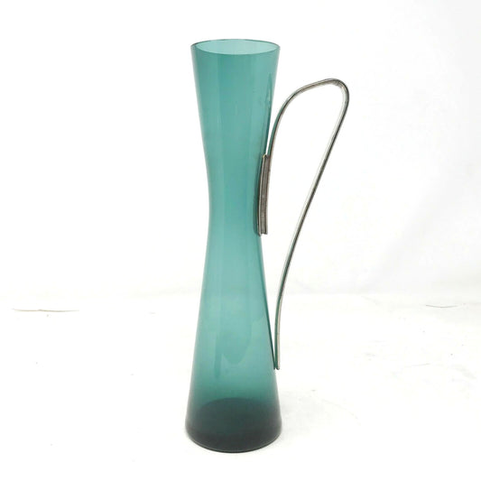 UNIQUE Greenish TEAL Glass PITCHER with Metal Handle Hourglass