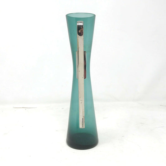 UNIQUE Greenish TEAL Glass PITCHER with Metal Handle Hourglass