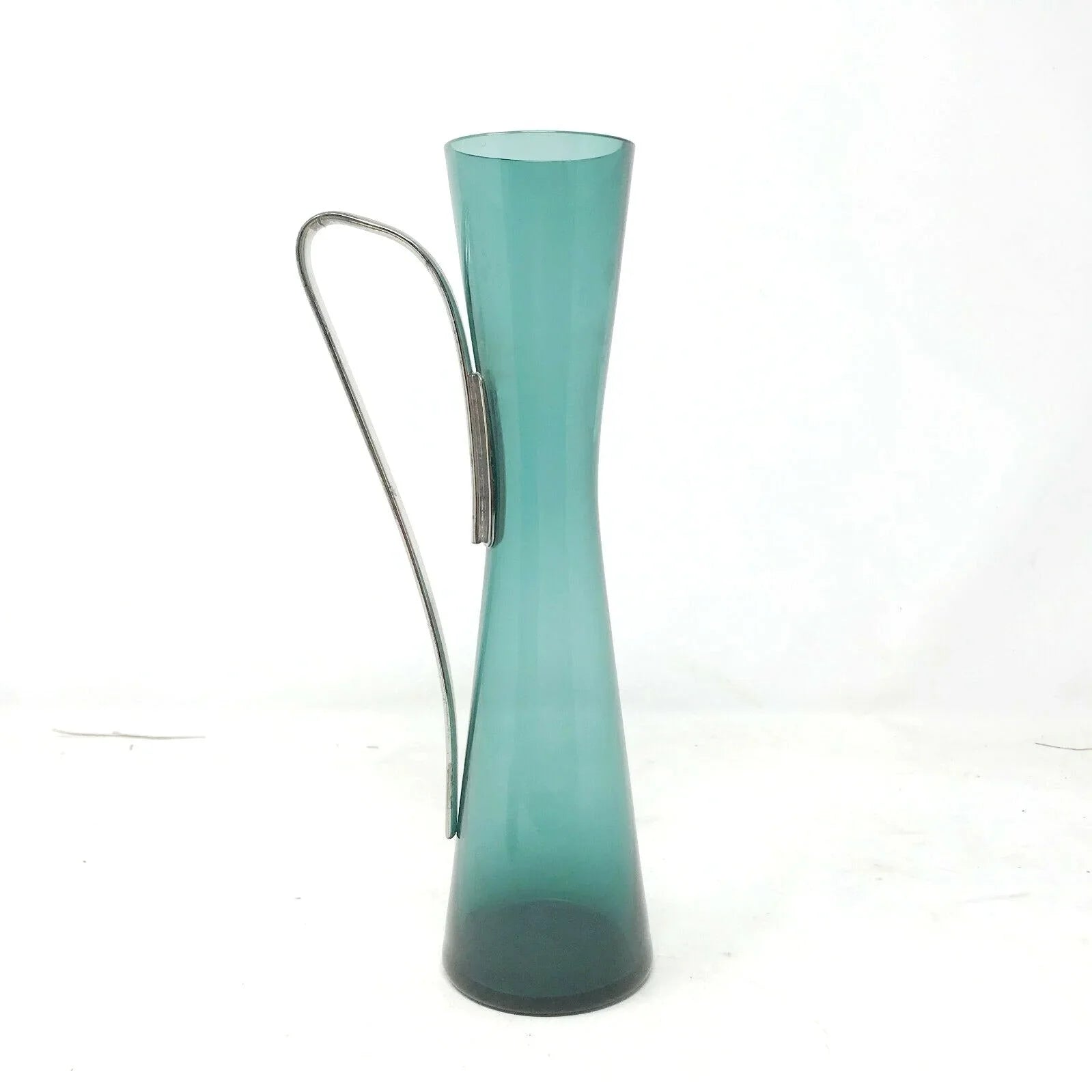 UNIQUE Greenish TEAL Glass PITCHER with Metal Handle Hourglass --  A+ Stuff Serving Pitchers & Carafes