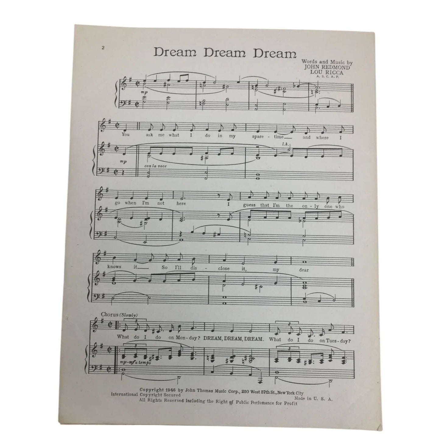 '''Dream Dream Dream'' Words & music by John Redmond & Lou Ricca - A+ Stuff - SHEET MUSIC - A+ Stuff