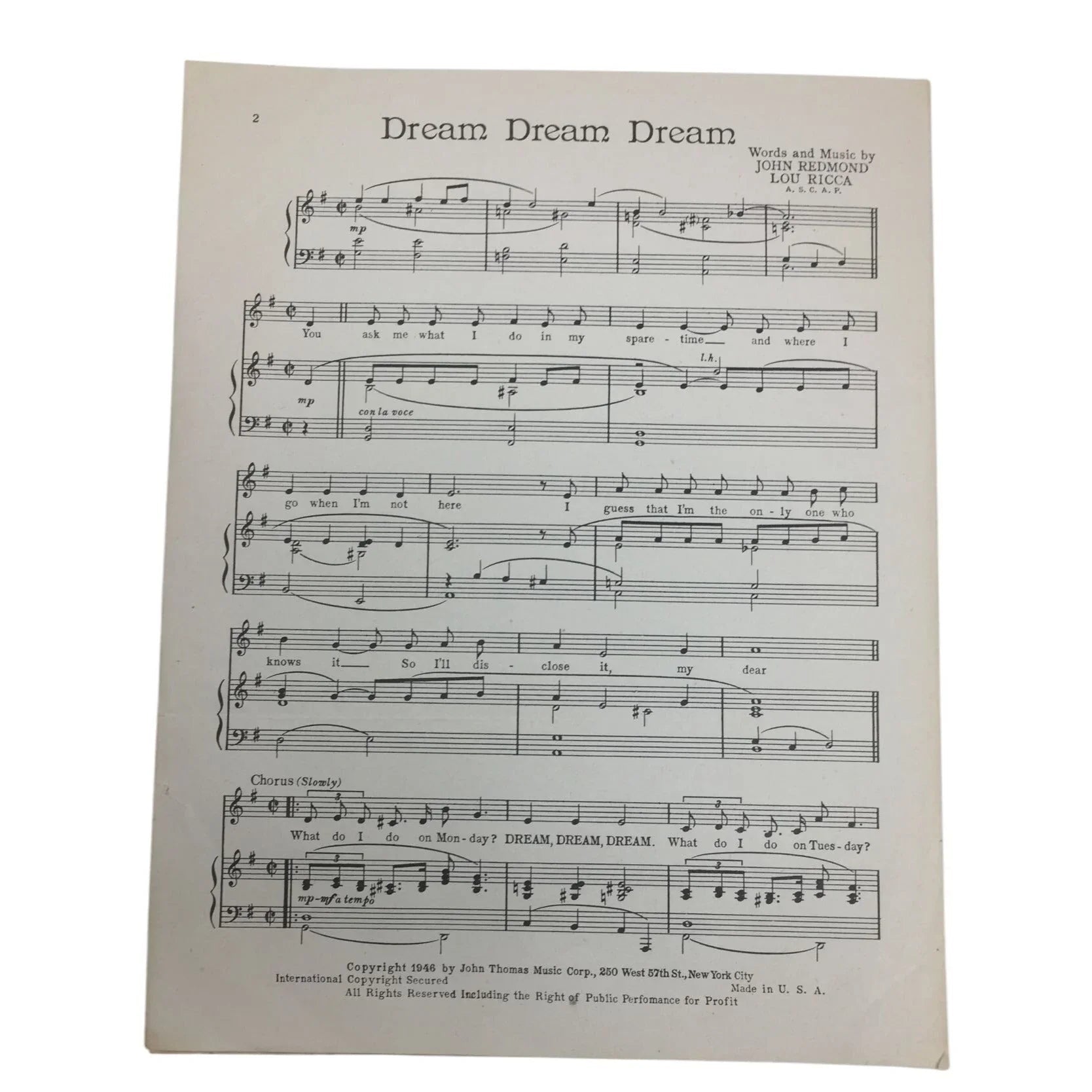 '''Dream Dream Dream'' Words & music by John Redmond & Lou Ricca - A+ Stuff - SHEET MUSIC - A+ Stuff