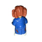 Back view of toy figure with brown hair, blue outfit, and white shoes on white background