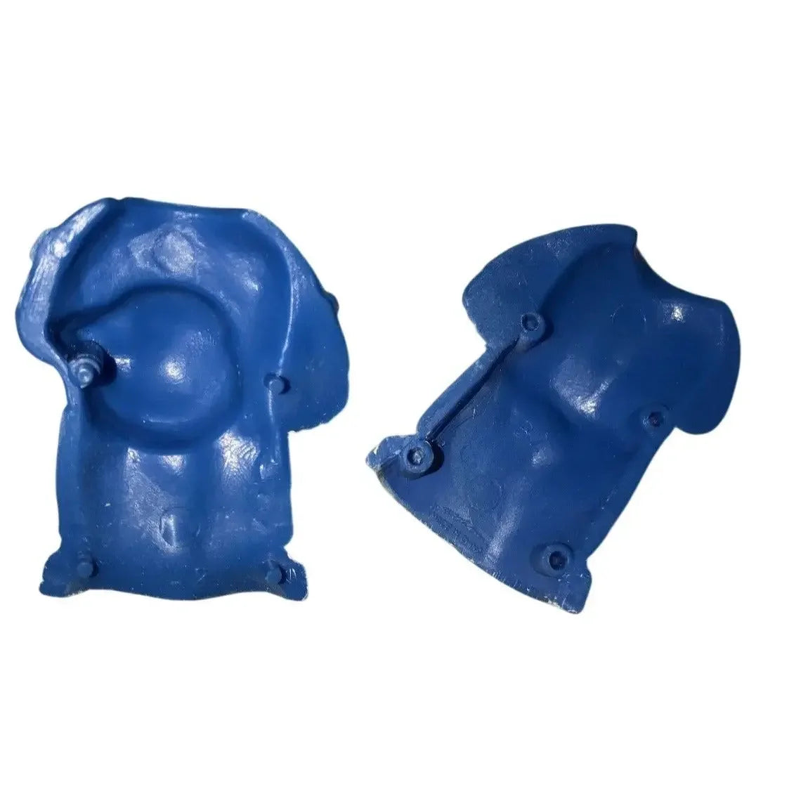 Blue plastic mold pieces for crafting or casting, displayed on a white background