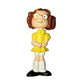 Cartoon girl toy figurine with brown hair, yellow dress, and white socks on white background