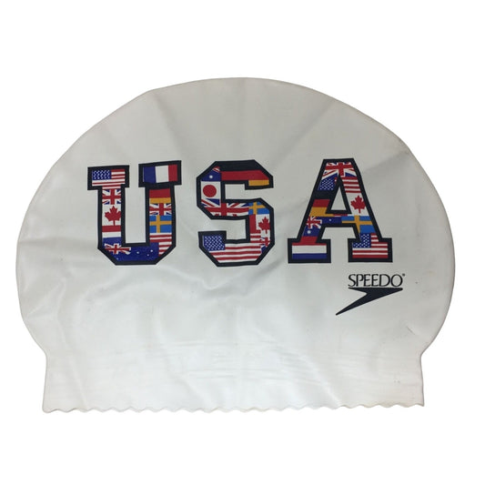 USA White Speedo Swim Cap with Different Flags printed on it