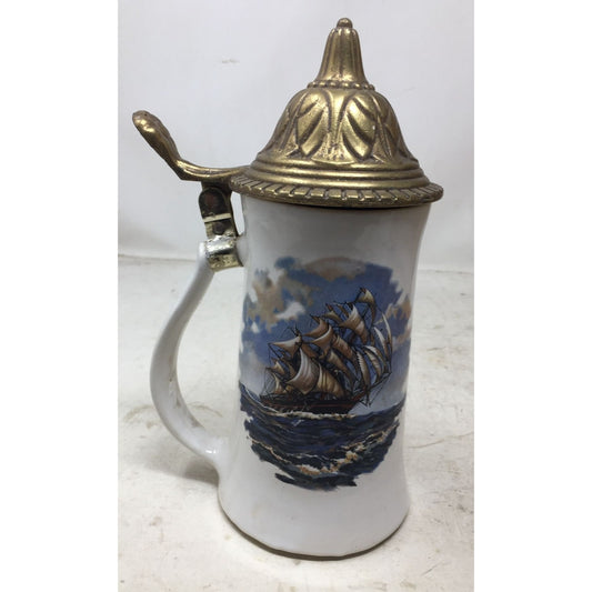 Vintage Nelson McCoy Pottery Nautical Ship Beer Stein Mug with Hinge Lid