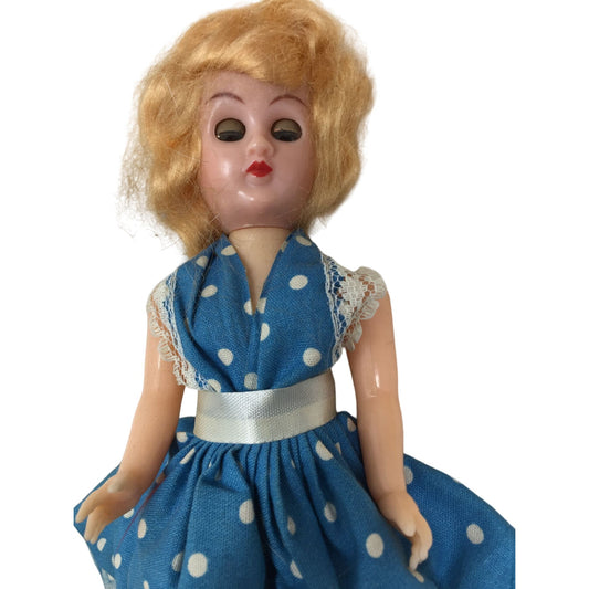 Vintage Collectible Doll Blonde Hair, Blue Eyes Wearing Blue/White Polka Dotted Dress