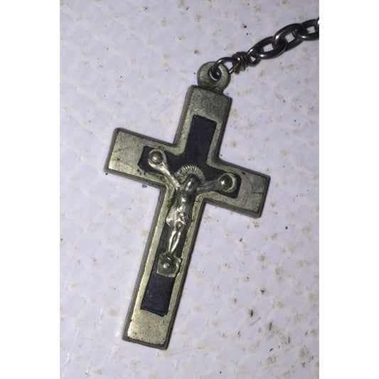 Rosary Necklace Chain w/ Black Beads- Catholic Cross Crucifix- about 20.5 inches long