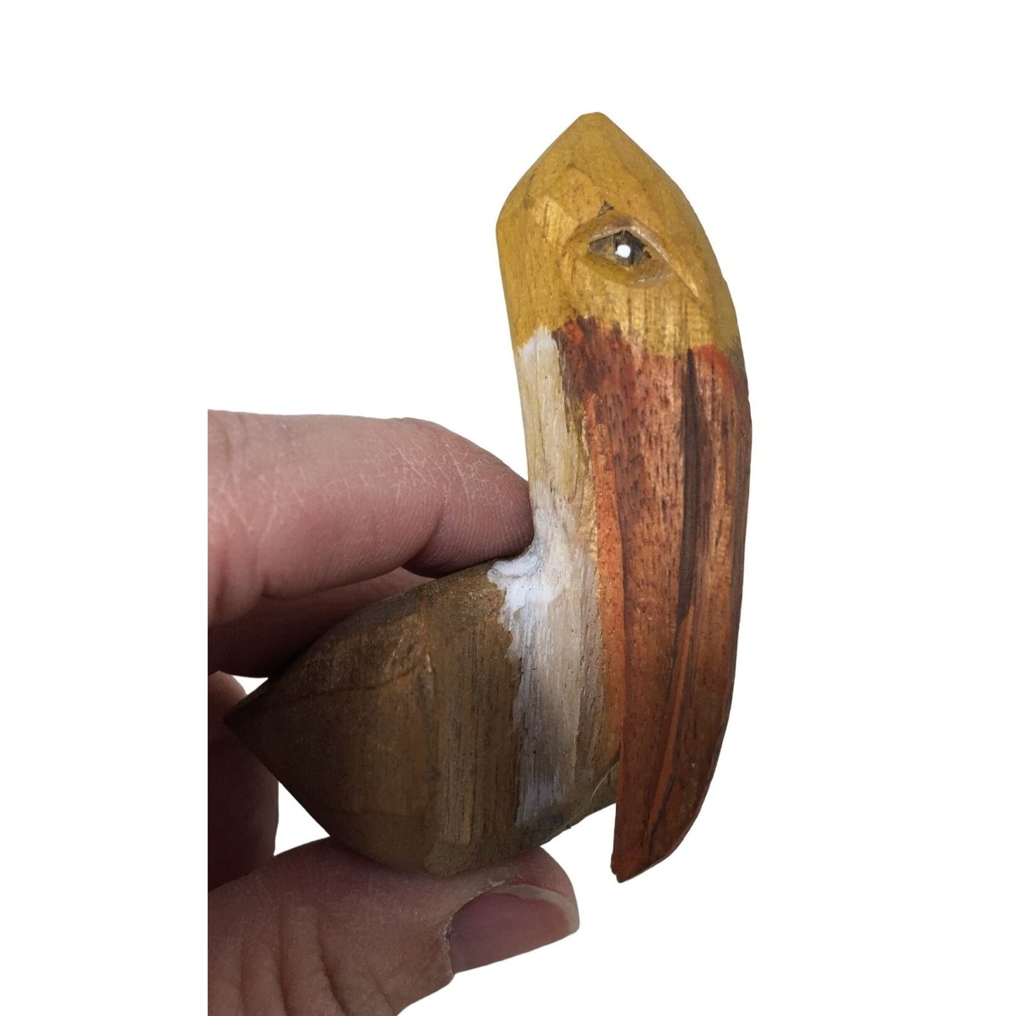 Small Carved Wooden Pelican Bird Magnet- writing on the bottom "OBX, NC 2010"