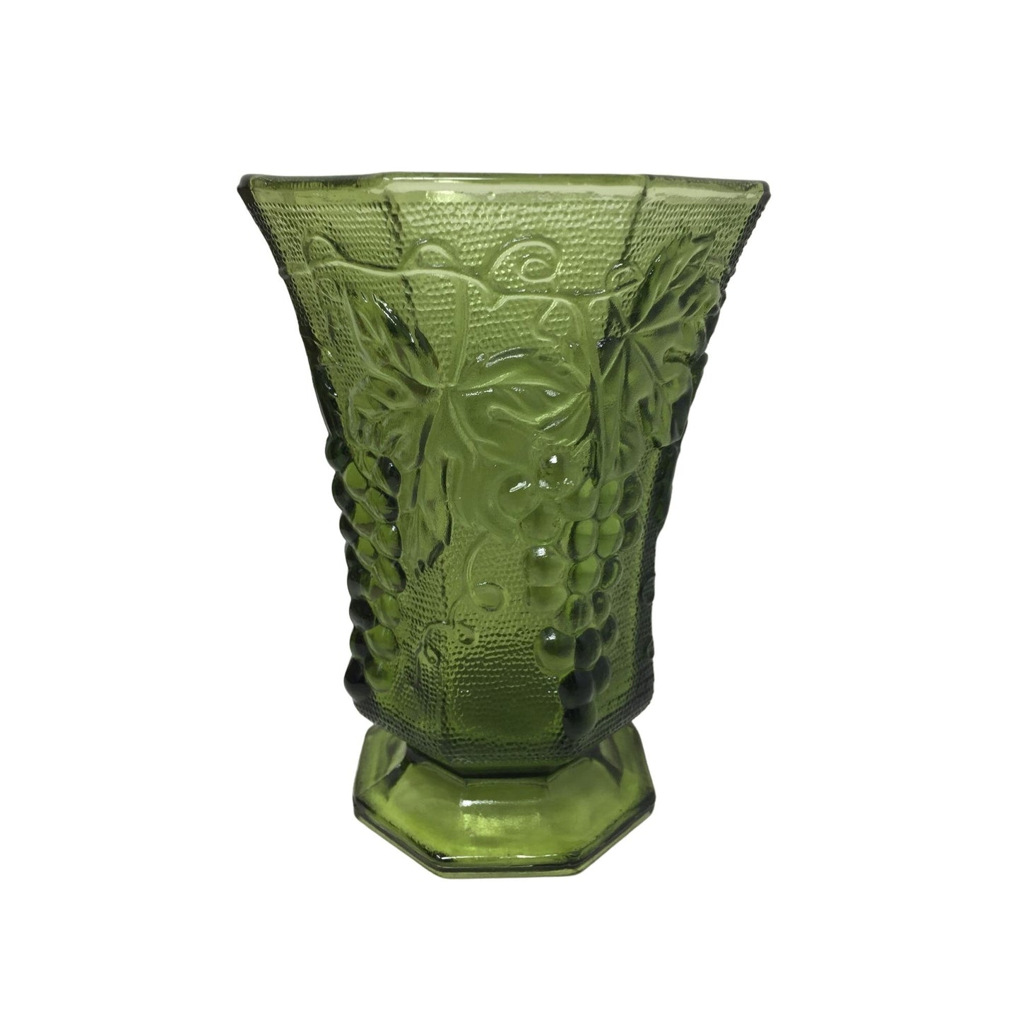 Anchor Hocking Green Glass Candy Dish and Vase With Grapes and Leaves