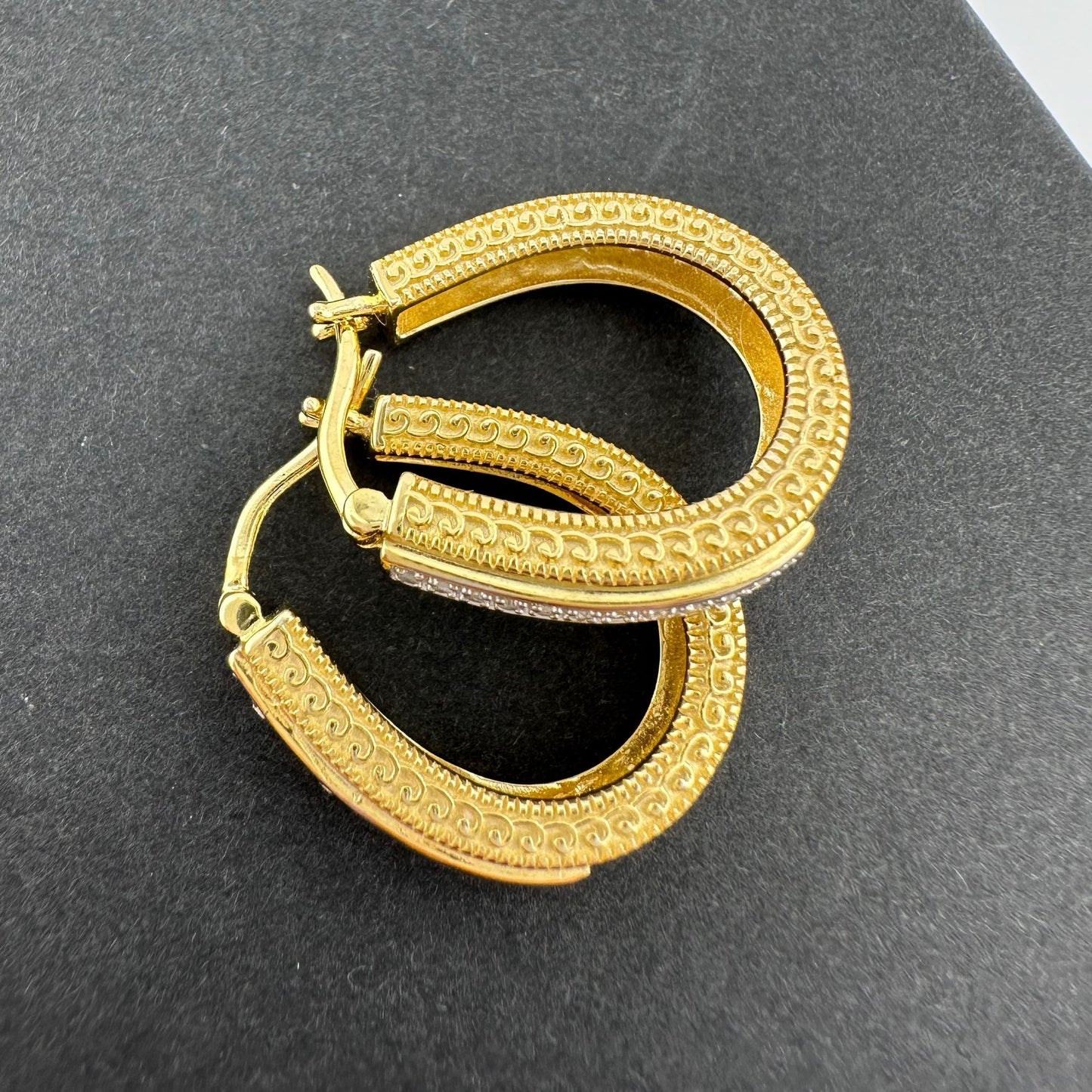 Beautiful Diamond Hoop Earrings - Sterling SIlver w Gold Overlay & Lattice Back