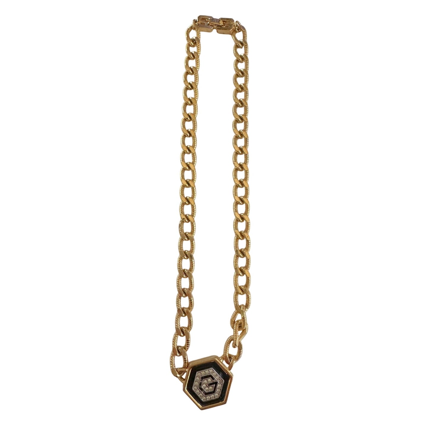 Givenchy Necklace with "G" in Hexagonal Pendant of Black Enamel and Rhinestones