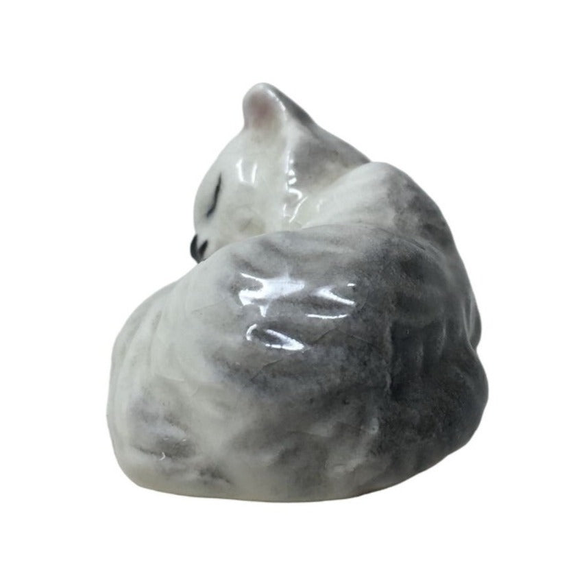 Small Miniature Gray and White Cat/Kitten Curled Up and Sleeping Figurine