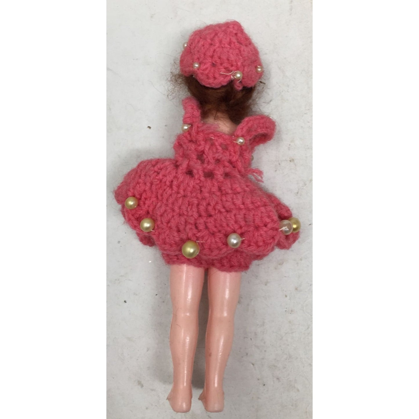 Vintage Collectible Doll Red Hair, Blue Eyes Wearing Crochet Pink Dress w/ Faux Pearls