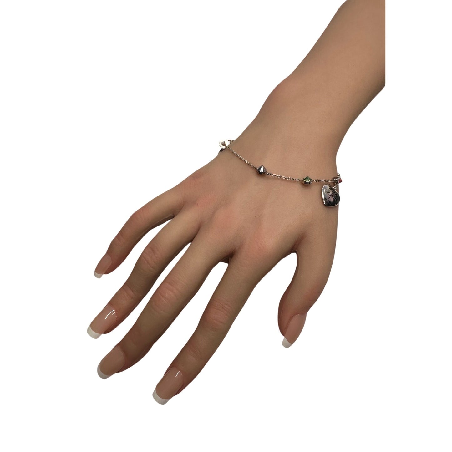 Gucci 'Blind for Love' Engraved Heart Bracelet w Rose Pink & Green Stones