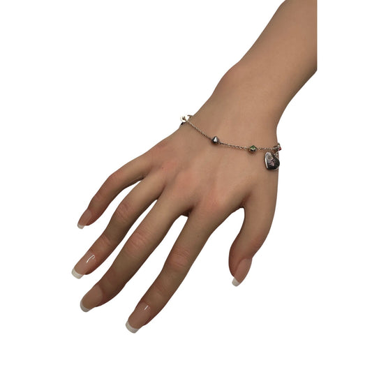 Gucci 'Blind for Love' Engraved Heart Bracelet w Rose Pink & Green Stones