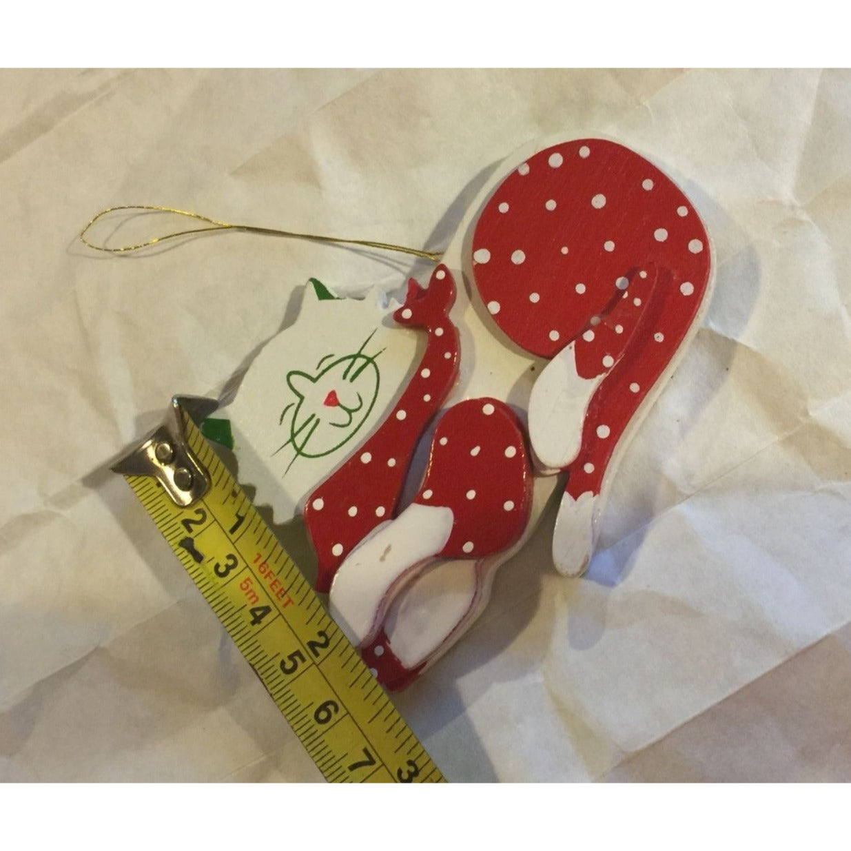 Vintage Wooden Christmas Tree Ornament White/Red Spotted Cat