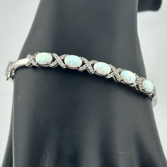 White Created Opal Bangle Bracelet (XOXO) Rhodium over Brass - Pretty Everyday Bracelet