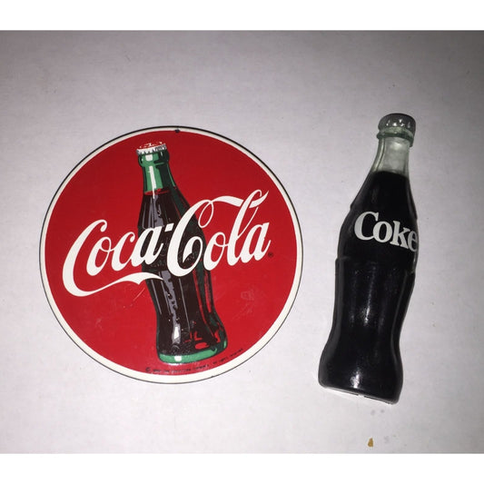 Vintage Coca Cola Circular Disc Tin Magnet & Bottle Magnet