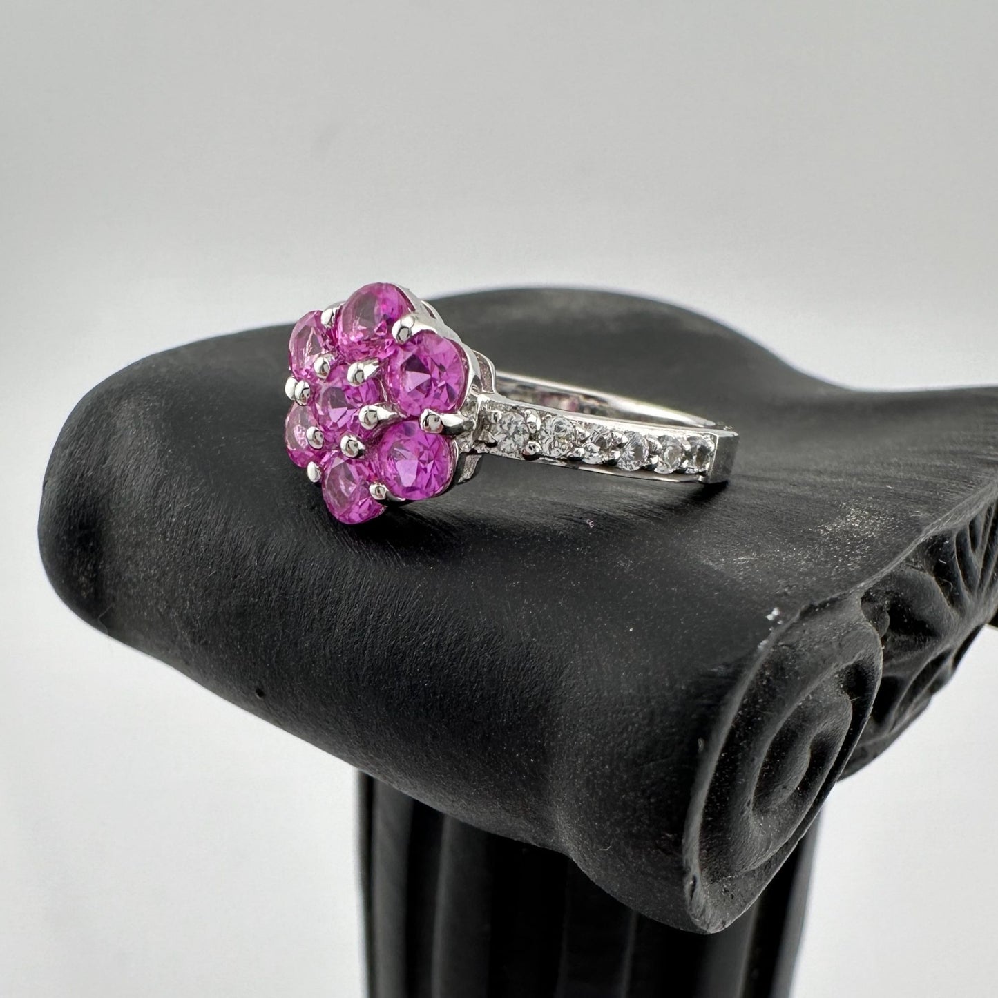 Pretty and Bright - Pink Lab Created Sapphire Petals Flower Ring - Sterling Silver Size 7.25