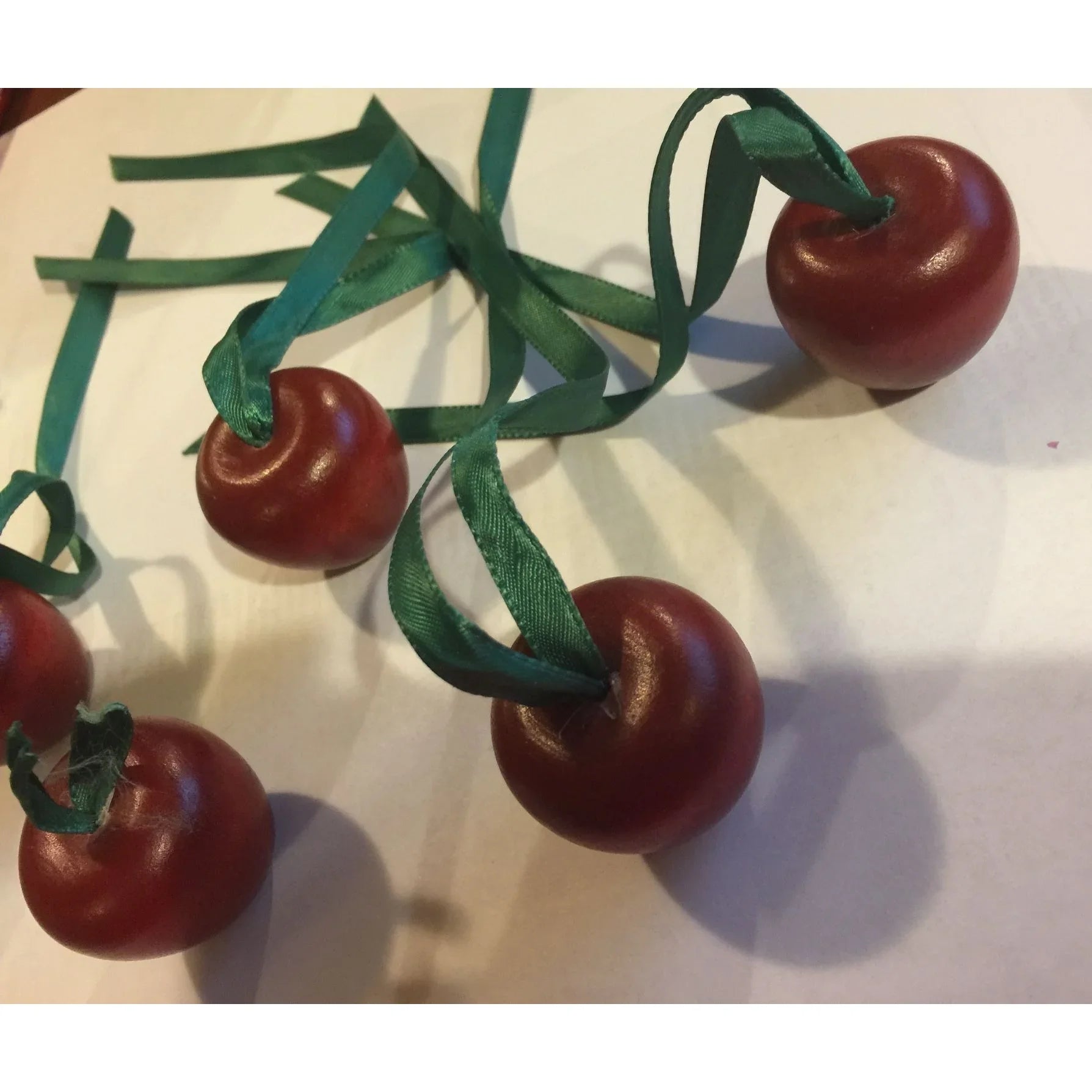 Set of 5 Christmas Ornaments- Wood Cherries/Apples Red with Green Ribbon - A+ Stuff