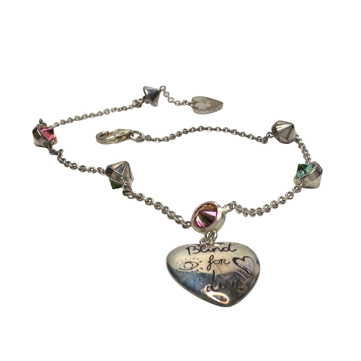 Gucci 'Blind for Love' Engraved Heart Bracelet w Rose Pink & Green Stones