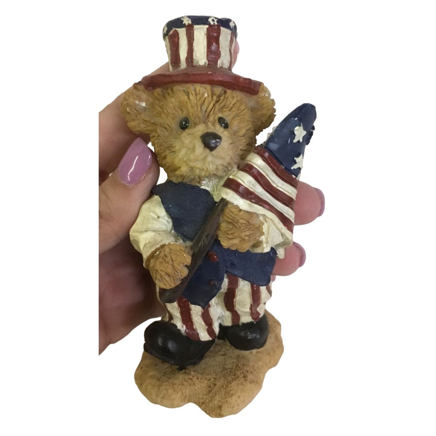 Bear Figurine Red White and Blue Holding Patriotic USA Flag