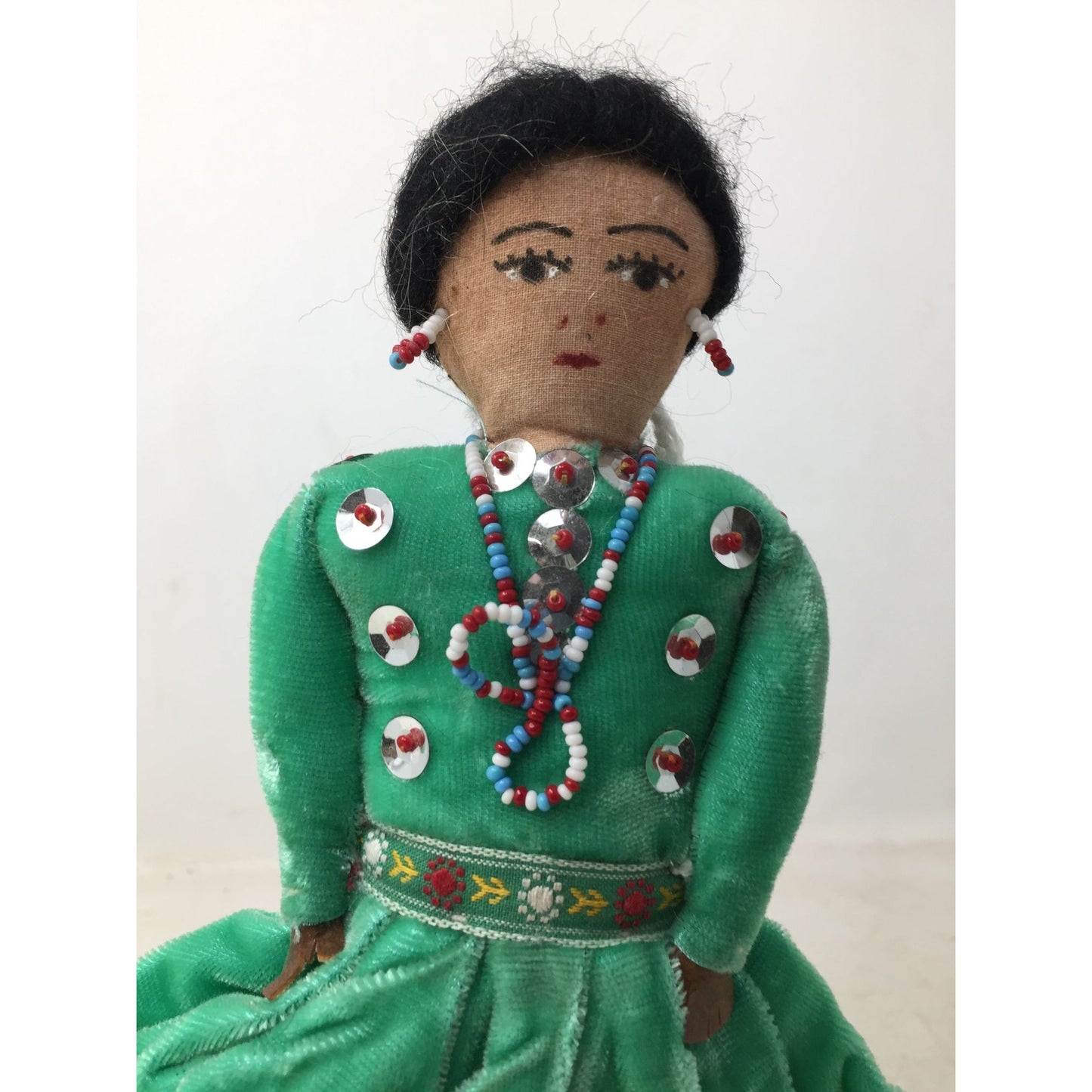 Native American Navajo Hand Made Indian Doll Wearing Green/Red Dress