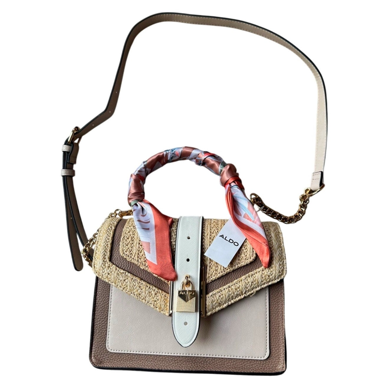 ALDO Satchel Beige & Taupe Straw Flap Bag with Melon Pink Twilly