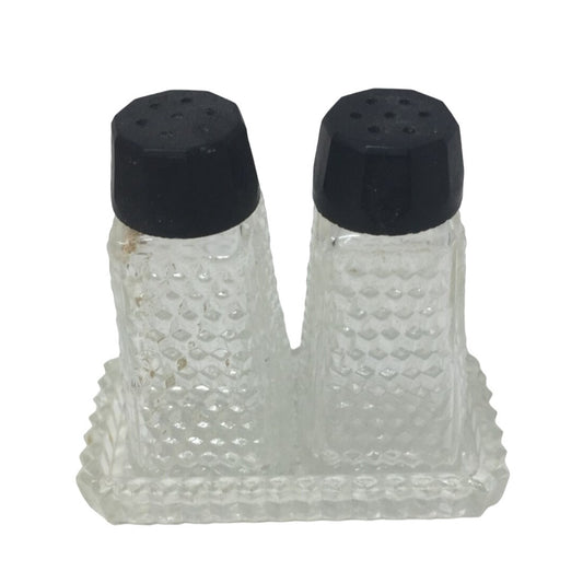 Vintage Small Pressed Glass Salt and Pepper Shaker Set with Tray