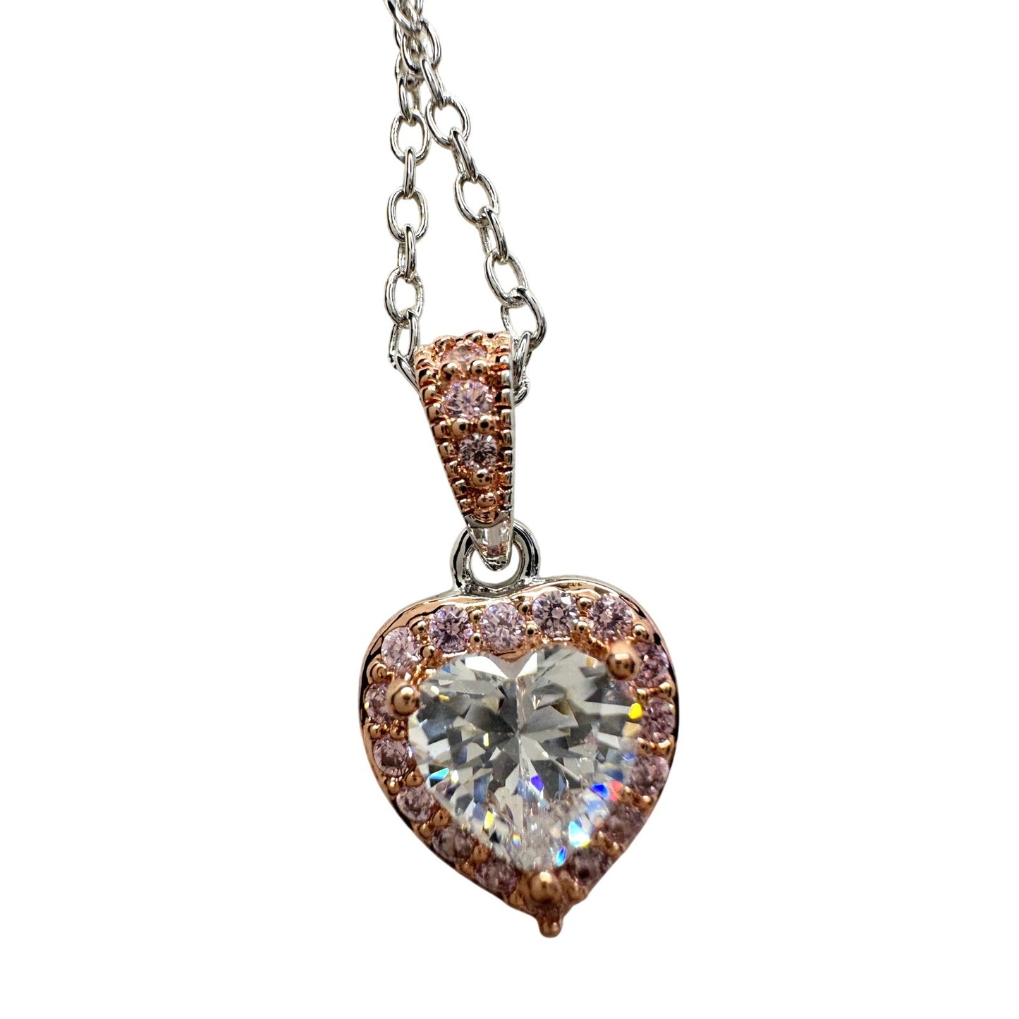 Pretty Rhodium Plated Pink Topaz and Zirconia Heart Necklace
