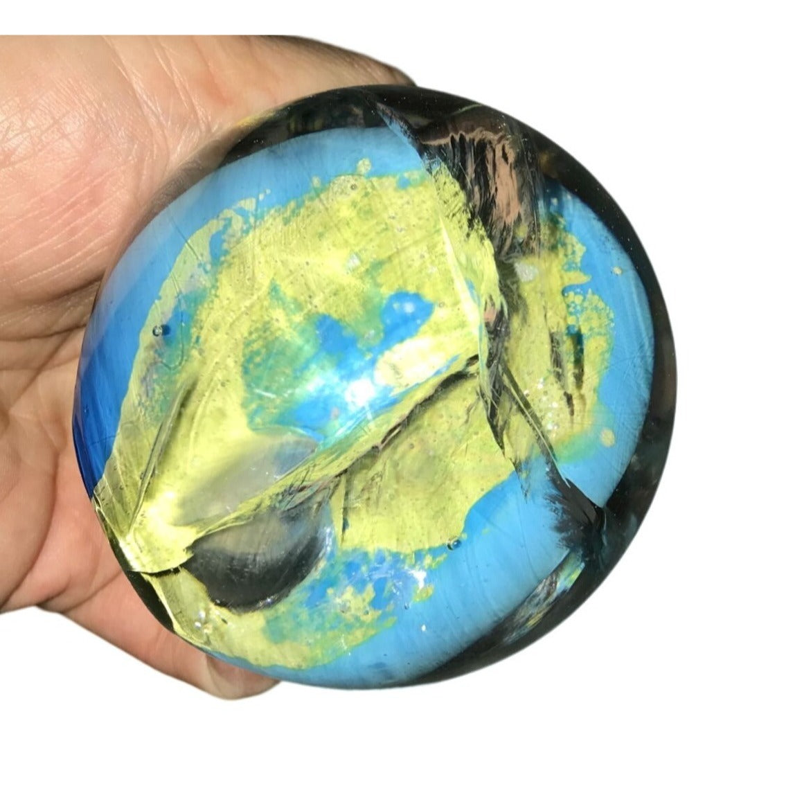 Art Glass Blue Green Yellow Swirled Paperweight