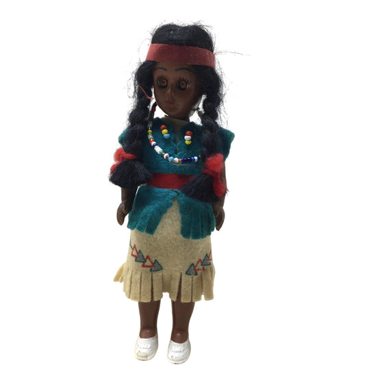 Vintage Native American Indian Doll With Braids and Cultural Dress/Beaded Necklace