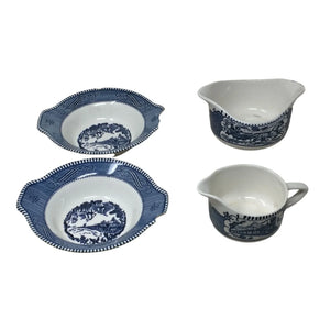 Vintage Currier And Ives Set of 4 Blue and White Dish Set