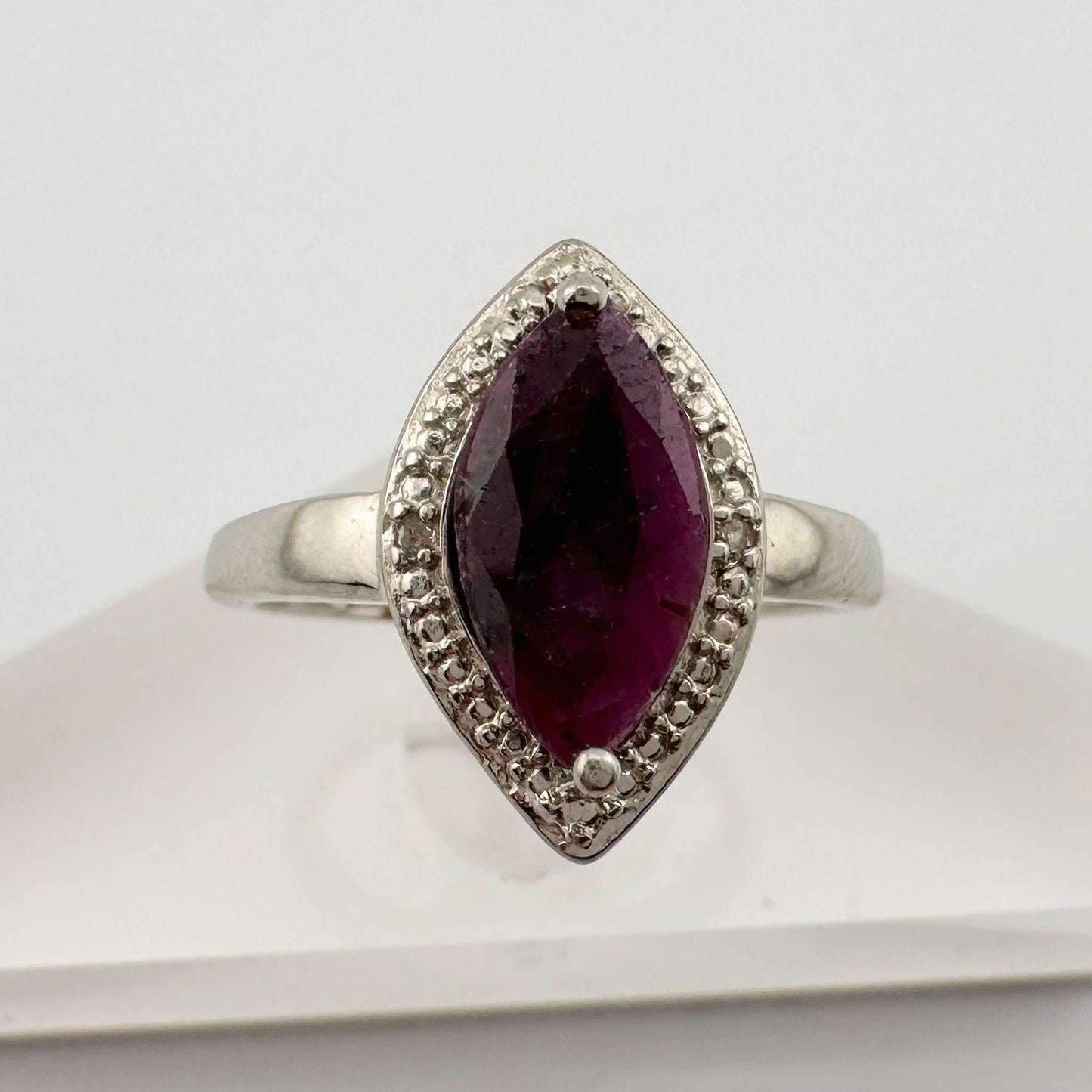 Marquise Cut Garnet & Diamond Ring - Sterling Silver - Size 7