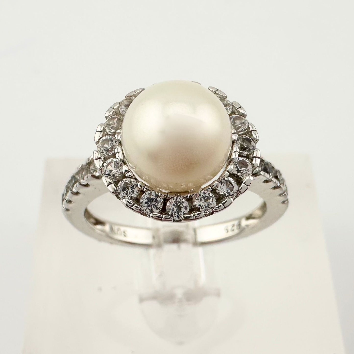 Beautiful Halo 7mm Natural Cultured Pearl Ring Sterling Silver - Size 7.25