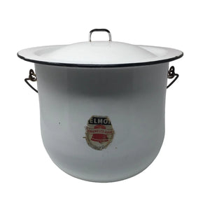 Vintage Large Black And White Metal Handled Enamel Stock Pot With Lid