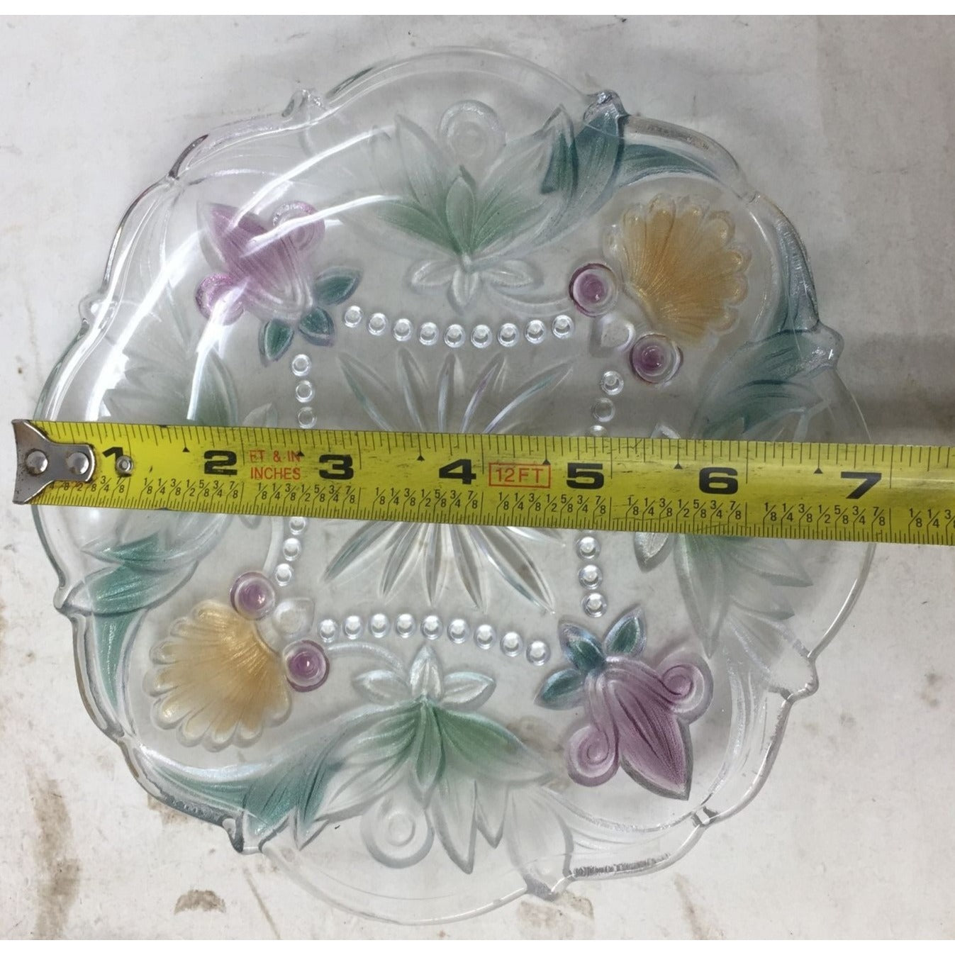 Vintage Small Clear Glass Plate with Flowers/Leaves Printed on it