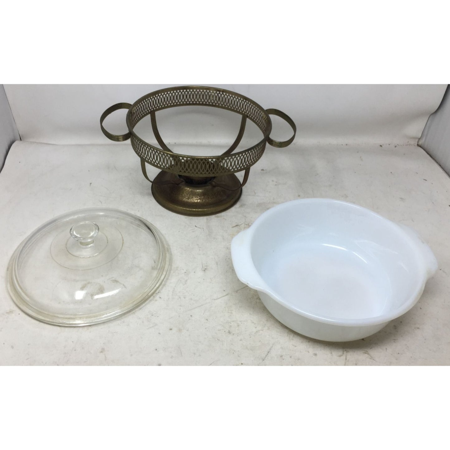 Vintage Chafing Warming Stand and Lid with Pyrex Milk Glass Casserole Dish