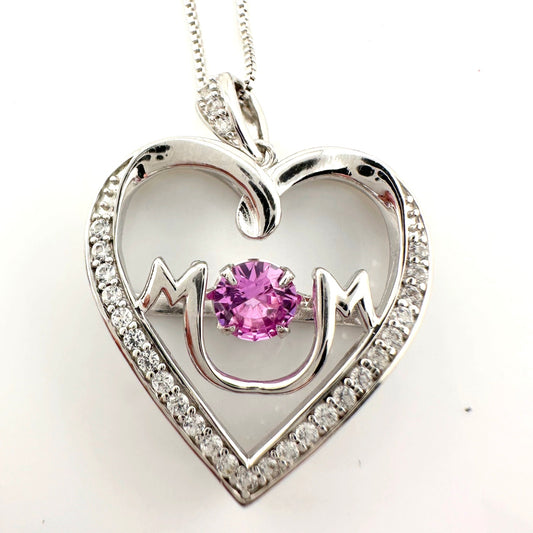 "Mom" Dancing Heart Necklace with Lab Created Pink & White Sapphires