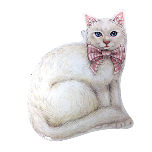 White Cat Shaped Tin Box - Two Sides of  Art with Pretty White Cat with Pink Striped Bow & Blue Eyes