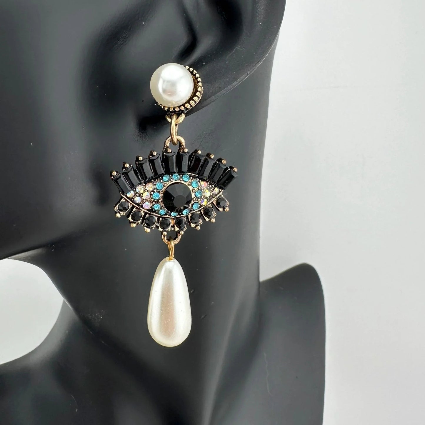 Evil Eye Rhinestone Pearl Drop Dangle Earrings - Earrings - A+ Stuff