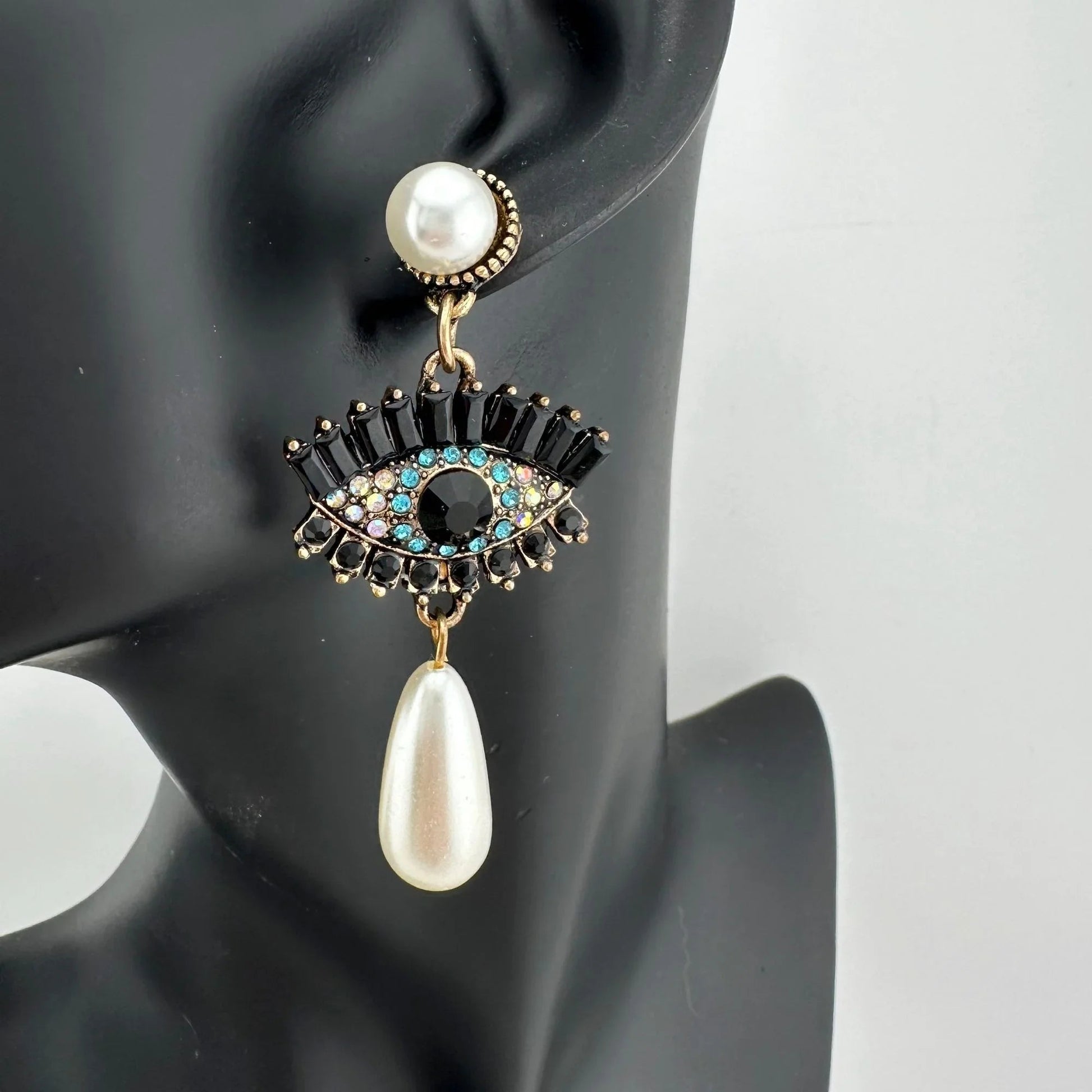 Evil Eye Rhinestone Pearl Drop Dangle Earrings - Earrings - A+ Stuff