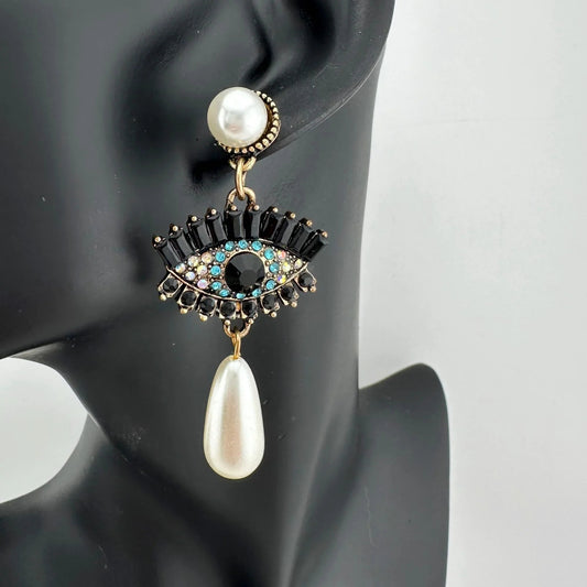 Evil Eye Rhinestone Pearl Drop Dangle Earrings - Earrings - A+ Stuff