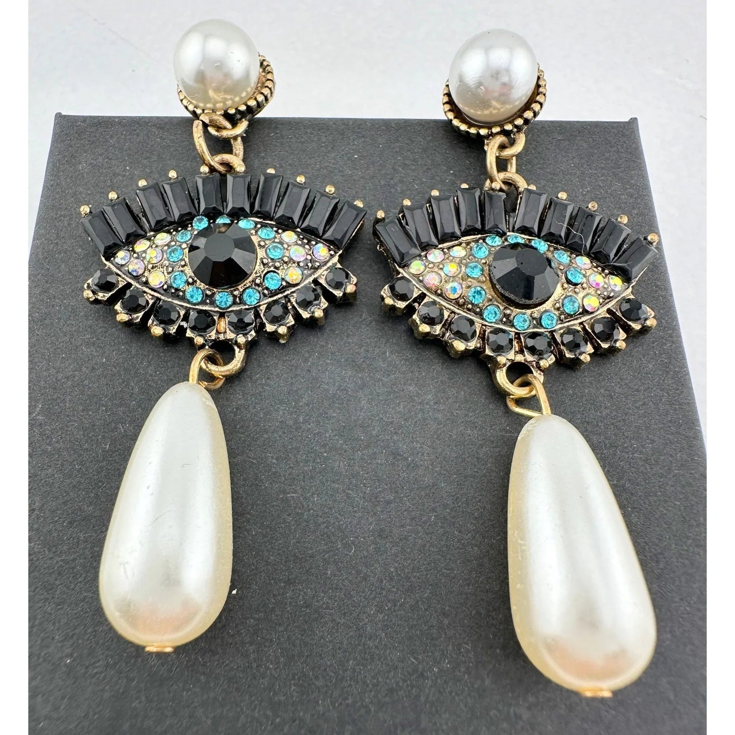 Evil Eye Rhinestone Pearl Drop Dangle Earrings - Earrings - A+ Stuff